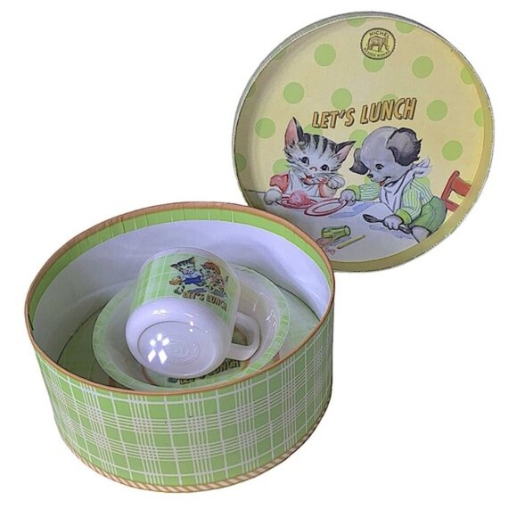 Michel Design Works Baby’s First Plate Set Feeding Boxed Plaid Set Green White - Picture 1 of 16